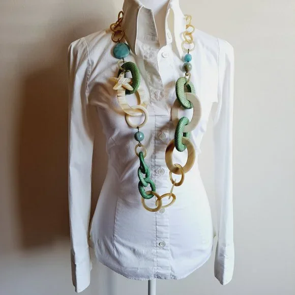 AMLE Italian Long Horn Green Chain Necklace with Python skin - Picture 2 of 16